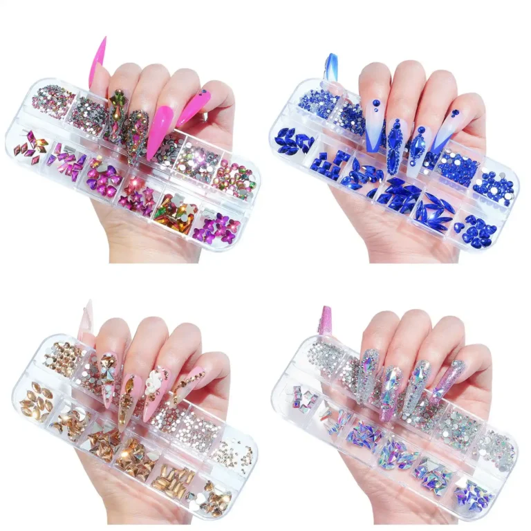 Hands with decorated nails holding rhinestone jewelry box