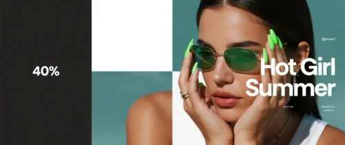 Woman with neon green nails holding sunglasses