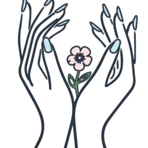 Hands with blue nails holding pink flower on white background